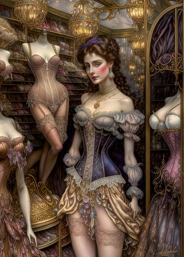 Victorian-style dress illustration with corset mannequins in romantic fantasy theme
