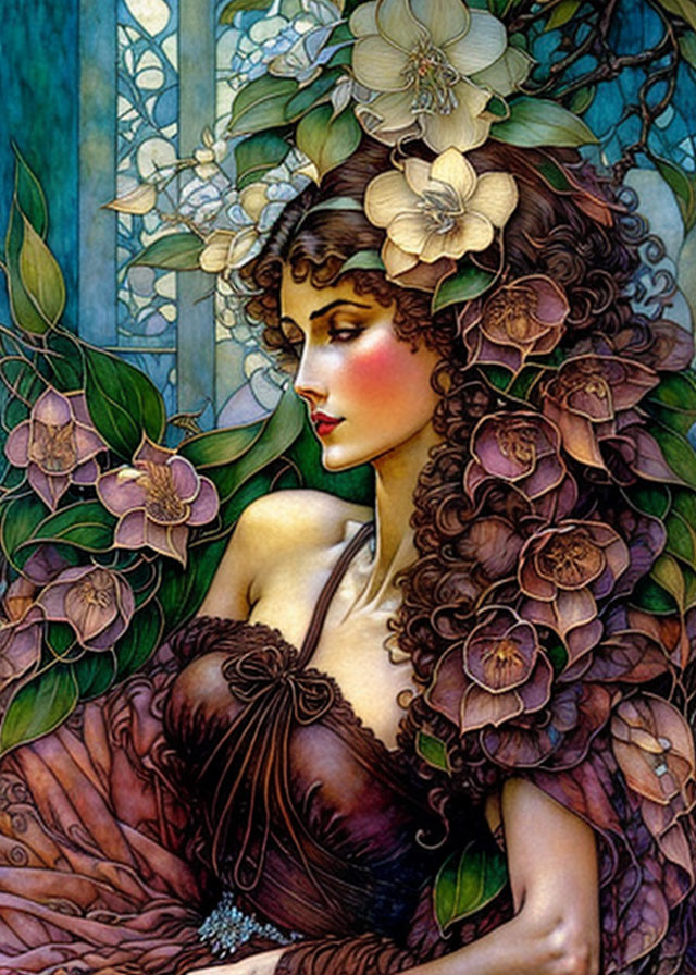 Art Nouveau Woman with Curly Hair Surrounded by Flowers and Stained Glass