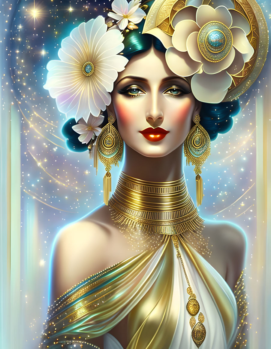 Art Deco Style Woman with White Flowers and Golden Jewelry on Celestial Background