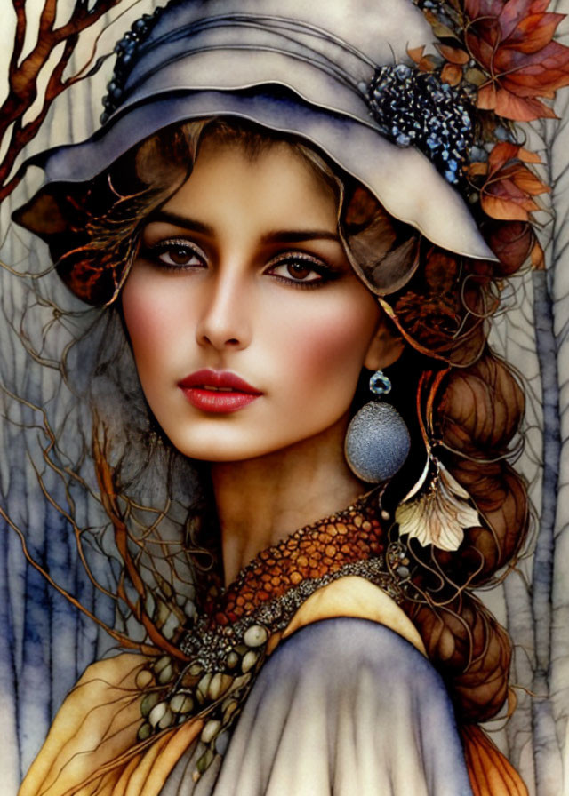 Elegant portrait of a woman with striking eyes and vintage jewelry