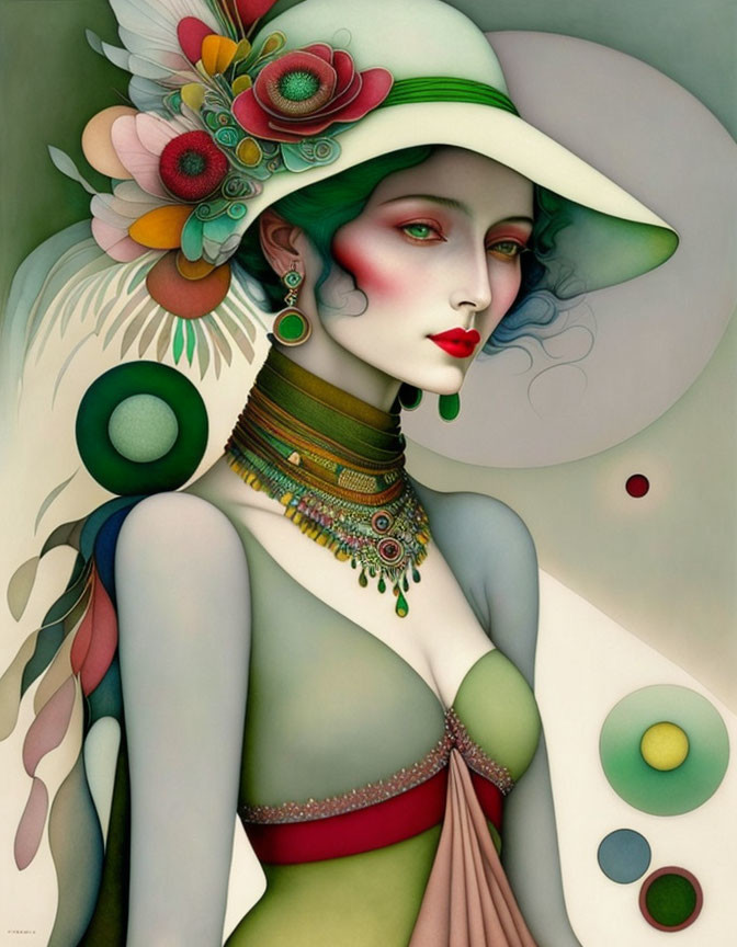 Stylized woman in wide-brimmed hat with colorful attire and surreal patterns.