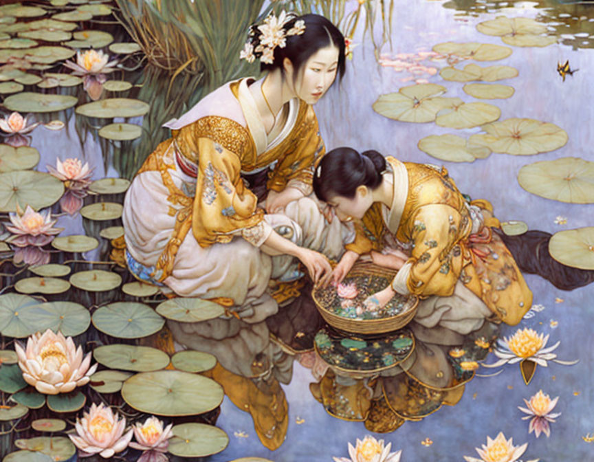 Two women in traditional attire by a pond with lily pads and a bowl.