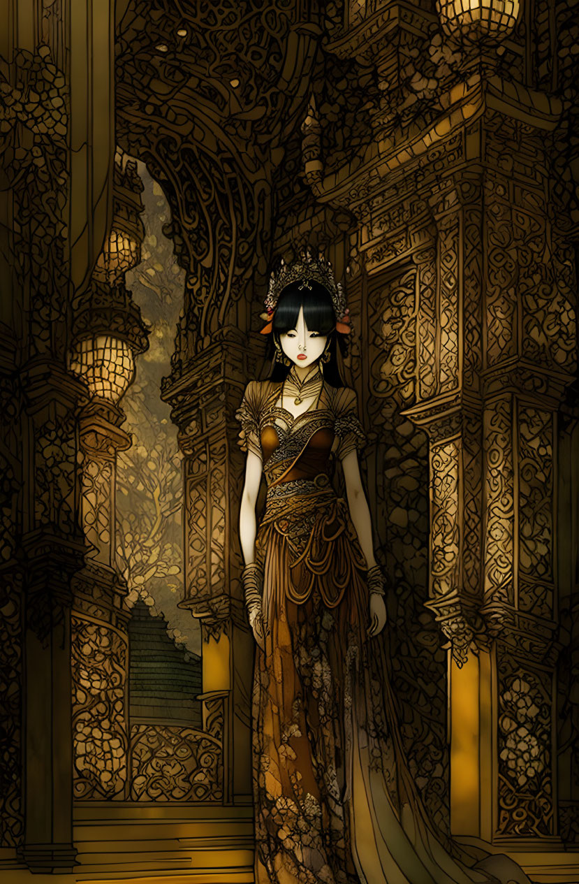 Regal woman in elegant attire in golden hallway