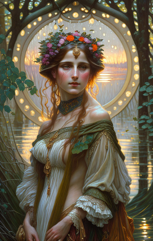 Fantastical portrait of woman in floral crown and classical dress against enchanted forest backdrop