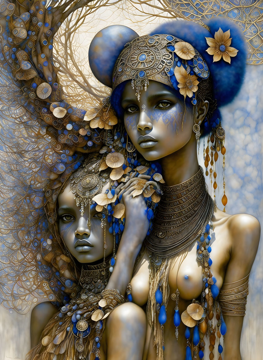 Intricate digital artwork of two ethereal female figures in blue and gold.