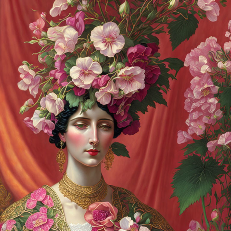 Portrait of Woman with Pink Hollyhock Headdress on Red Background