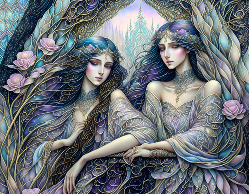 Ethereal women with intricate hair and attire in mystical scene