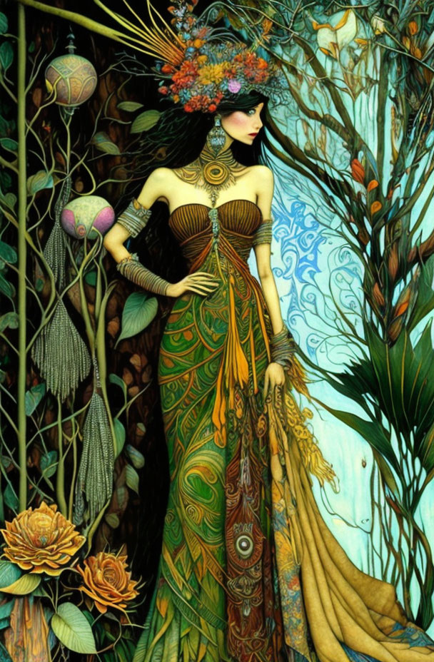 Illustrated woman in Art Nouveau gown with botanical motifs and heart object