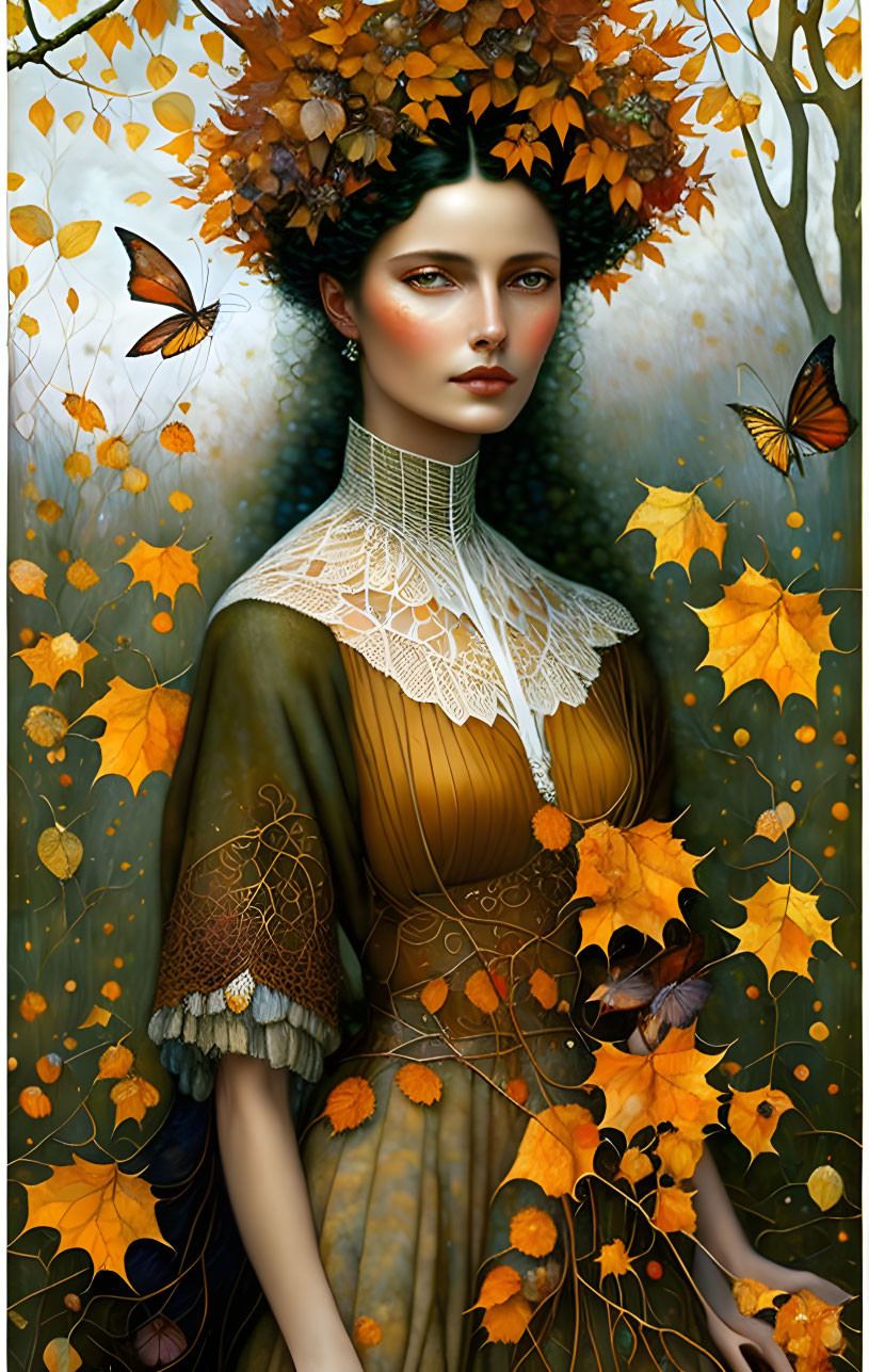 Woman with autumn leaves and butterflies in lace dress embodies ethereal autumn.