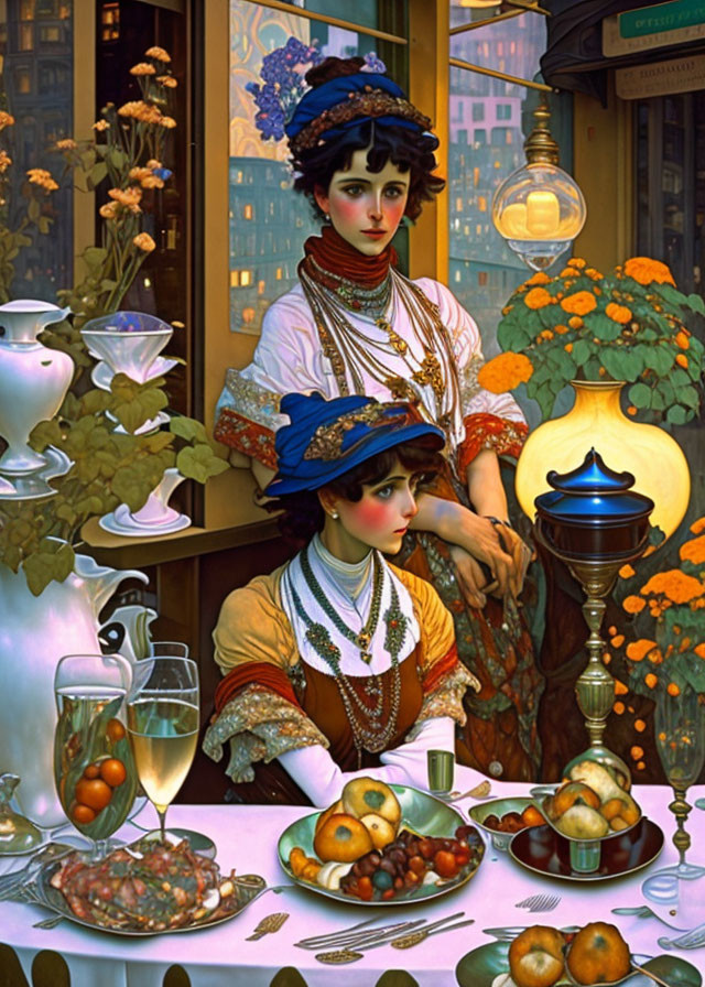 Victorian lady illustration with lamp, fruits, bread, and drinks.