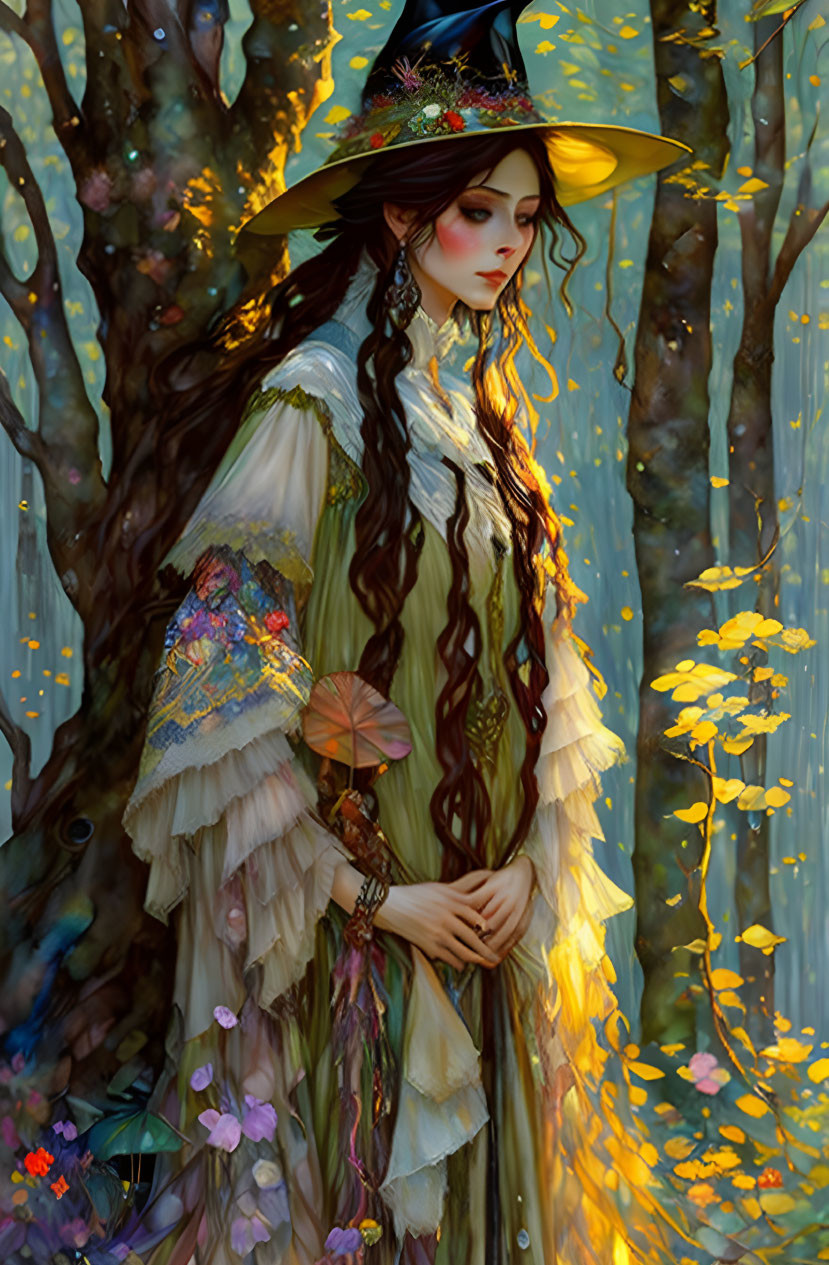 Detailed vintage witch costume illustration in mystical forest