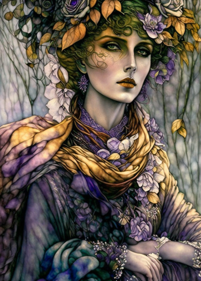 Illustrated portrait of a woman with pale skin, flowers in hair, purple dress.