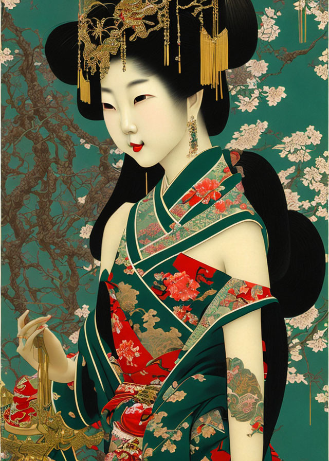 Geisha illustration in red floral kimono on green background