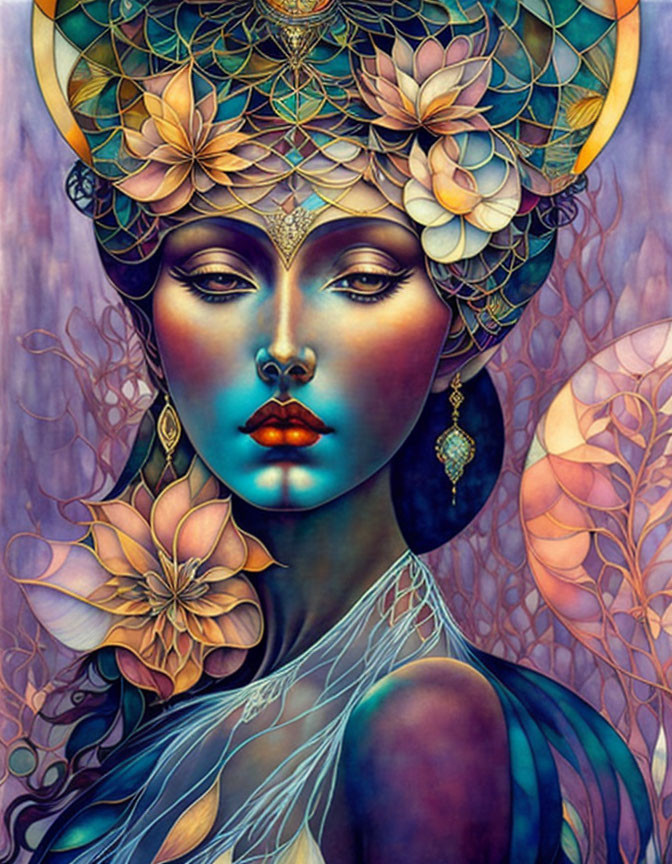 Vivid woman with purple skin and floral headdress on floral backdrop