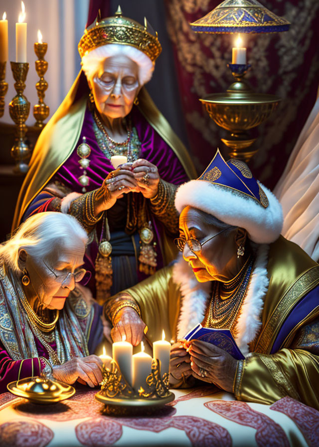 Elderly women in Three Wise Men costumes lighting candles