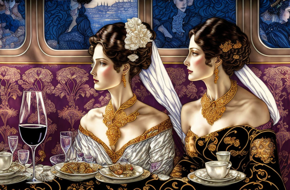 Luxuriously dressed women in ornate train cabin with fine china