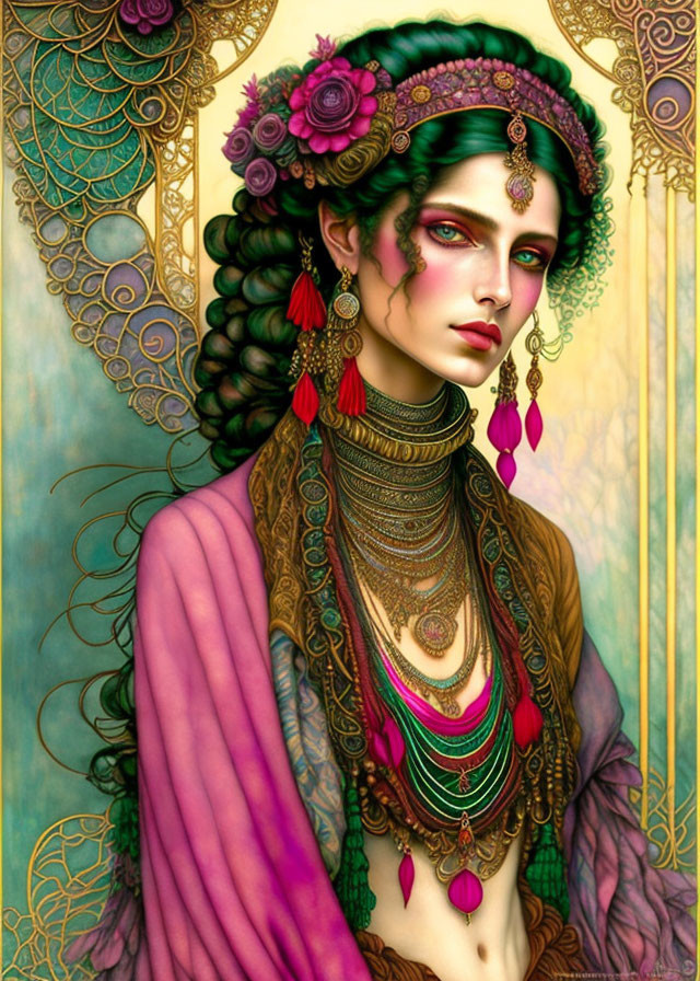 Detailed illustration of a woman in purple and green attire with intricate jewelry and peacock feather motif.