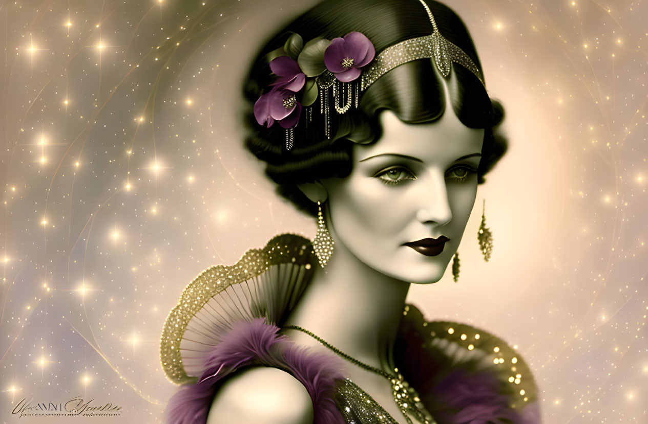 Vintage-style illustration of woman in 1920s fashion with feather boa, beaded headpiece,