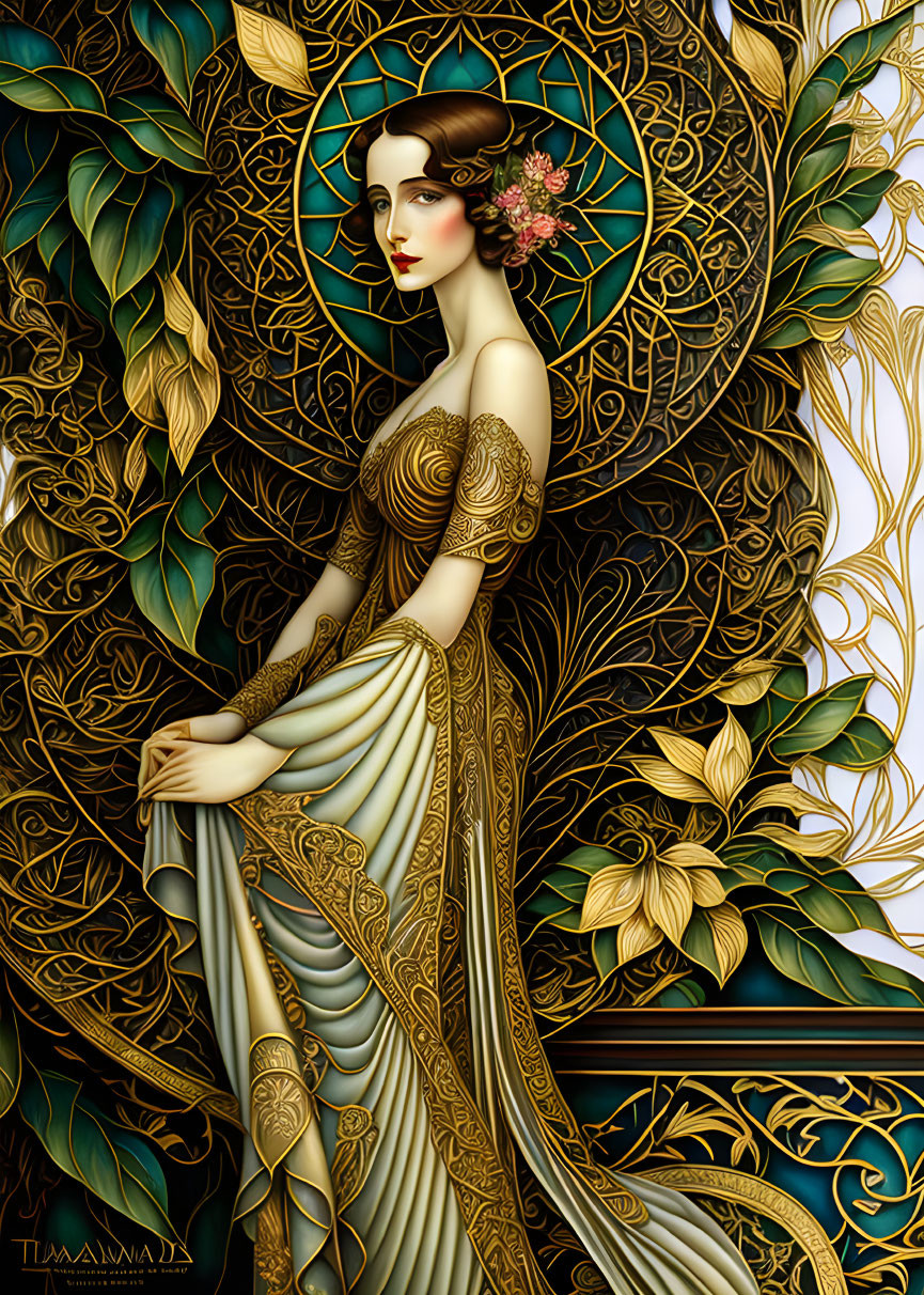 Art Nouveau Woman in Golden Dress with Floral Background