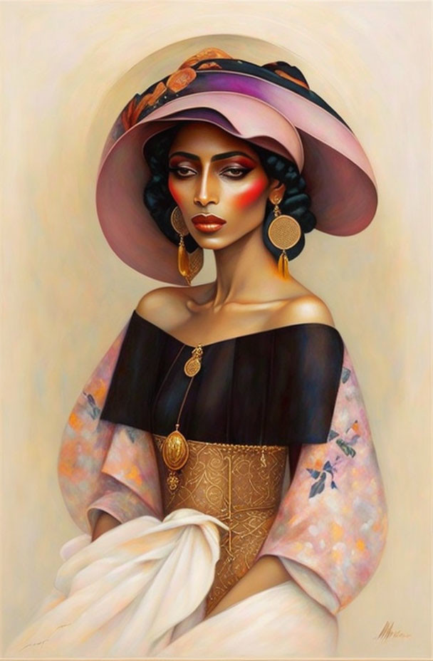 Illustrated portrait of woman with red lipstick, elegant hat, off-the-shoulder blouse, and