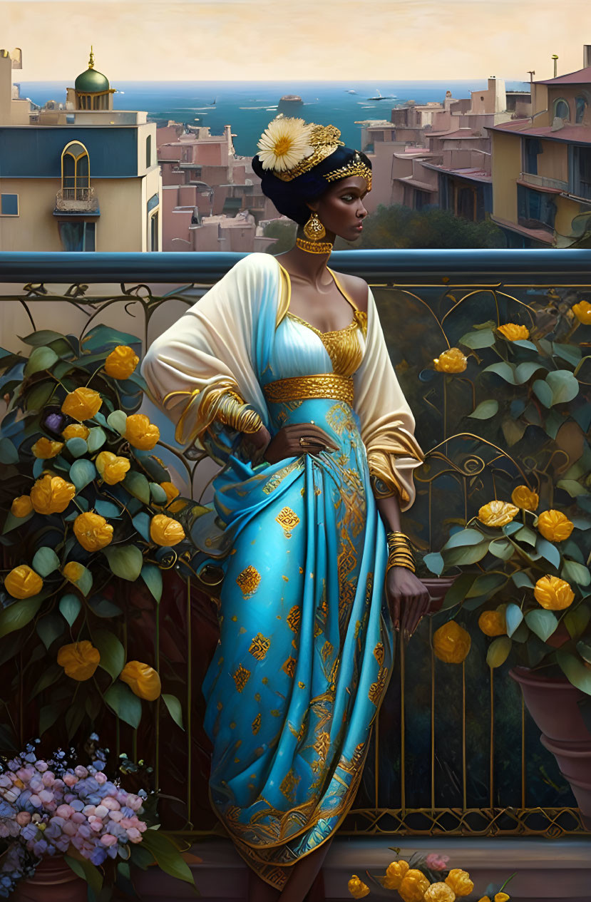 Regal woman in traditional attire on balcony with cityscape view