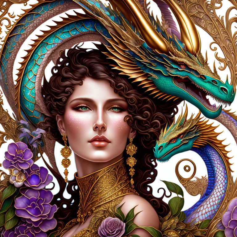 Intricate jewelry woman with dragon, peacock, and flowers in elegant theme