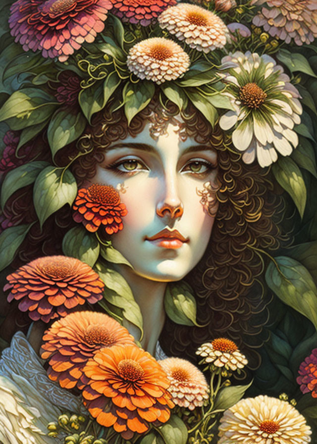 Woman's face with vibrant flowers and leaves intertwined in hair