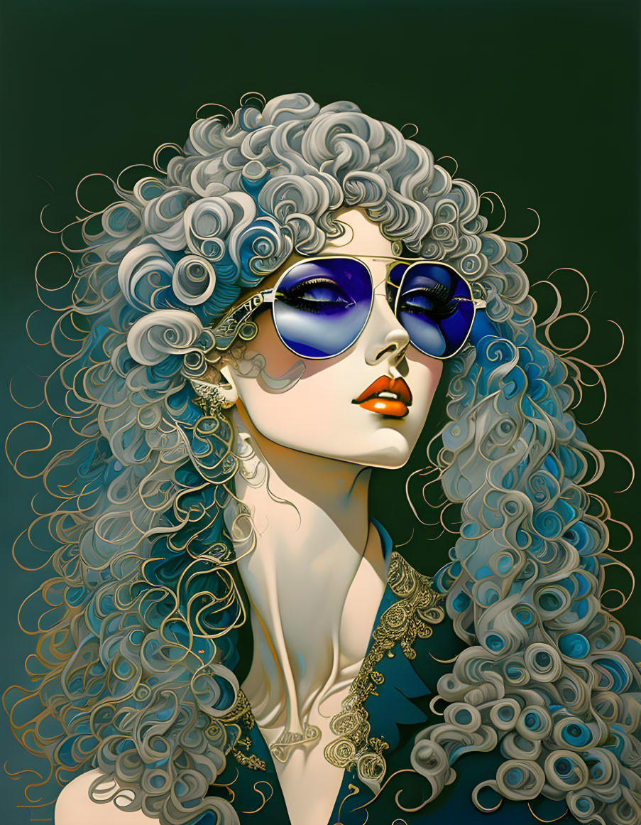 Woman with Voluminous Curly Hair and Sunglasses on Green Background