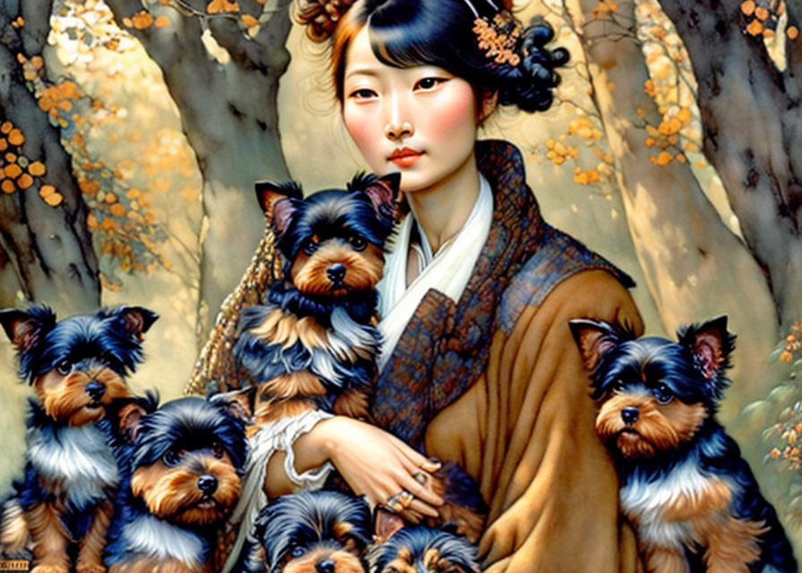 Traditional Attire Woman with Yorkshire Terriers in Autumn Setting