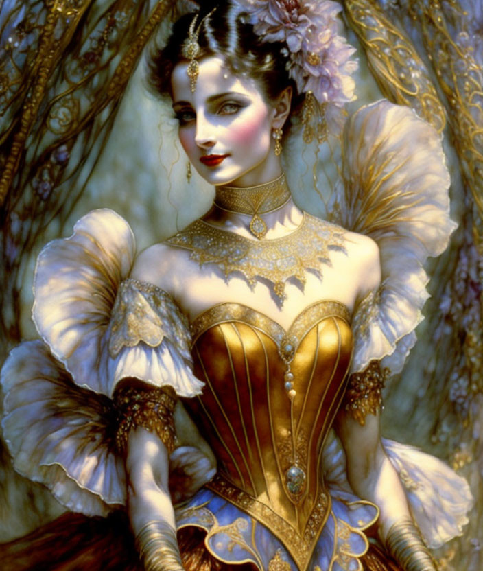 Luxurious Fantasy Portrait of Woman in Golden Corset & Choker