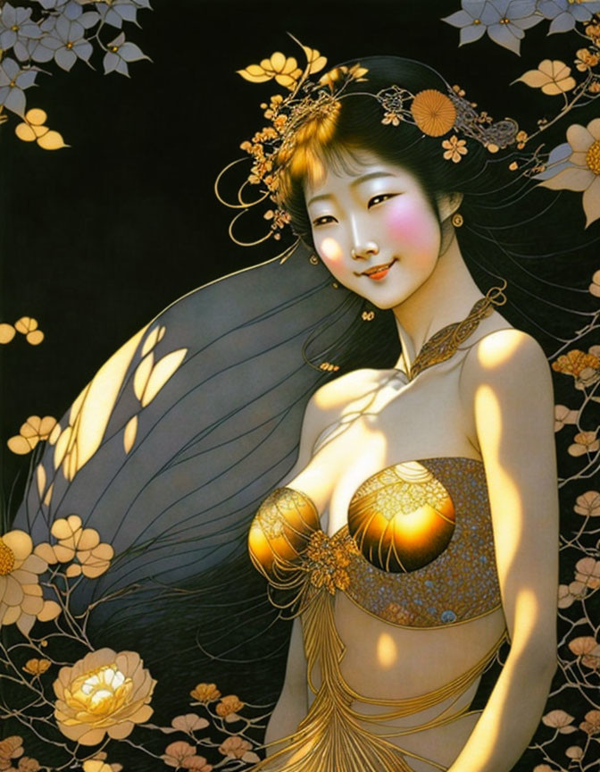 Ethereal woman with floral headpiece in gold attire among glowing flowers