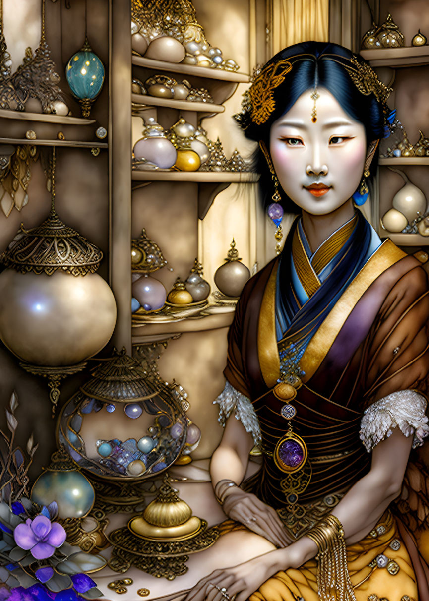 Illustrated woman in traditional Asian attire among ornate vases and glowing orbs.