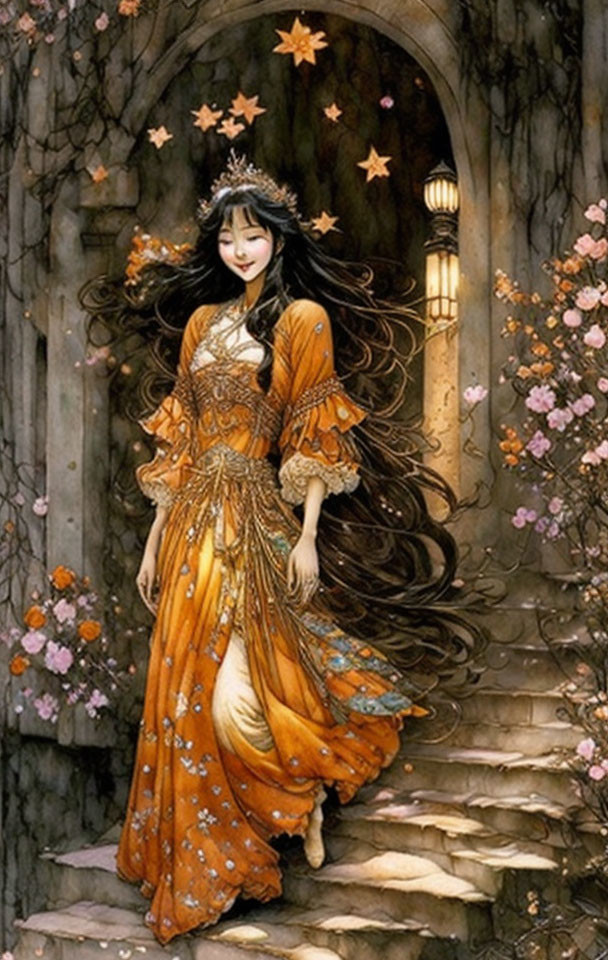 Woman in flowing orange dress by ivy-covered stone doorway