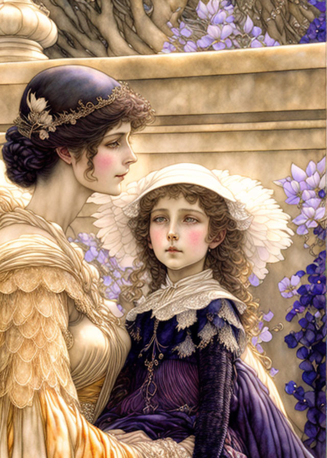 Historical dresses: Woman and angelic child in intricate attire among purple flowers