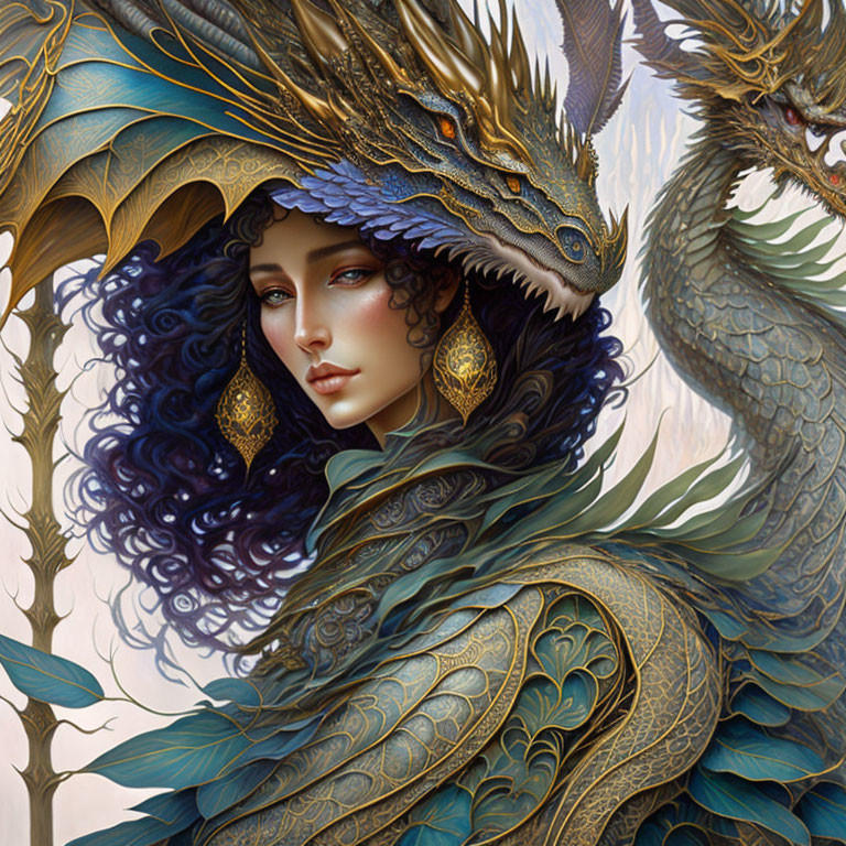 Fantasy illustration featuring woman with dark curly hair and dragons