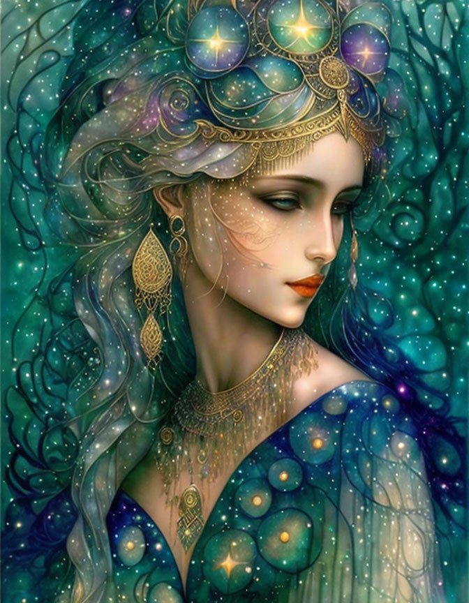 Celestial-themed fantasy illustration of a woman with starry hair and golden jewelry