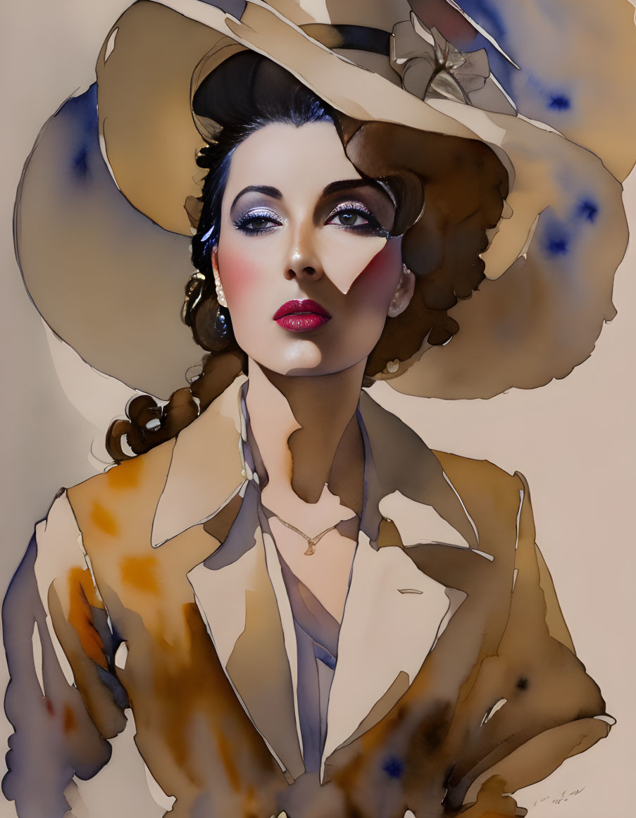 Stylized portrait of a woman in wide-brimmed hat and tan coat