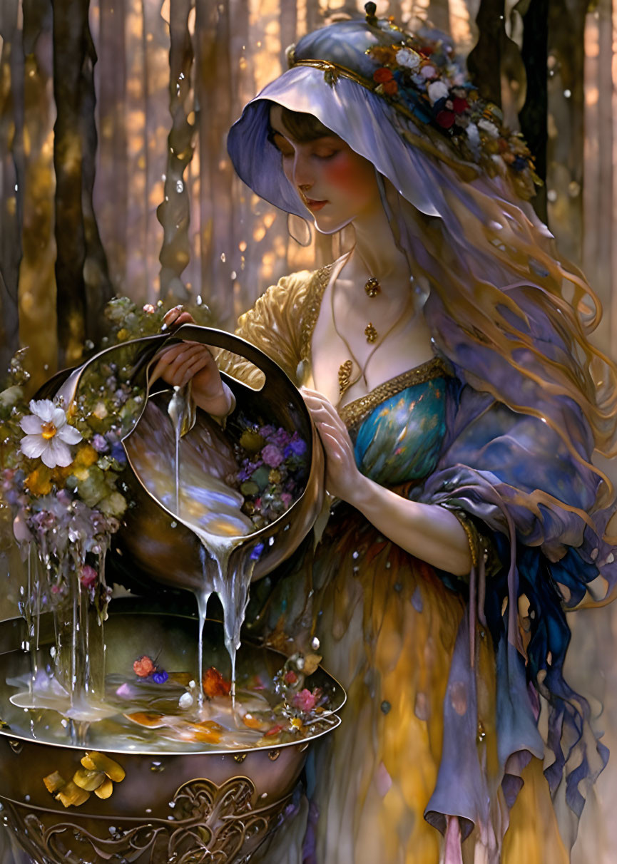 Ethereal woman pouring water in mystical forest ambiance