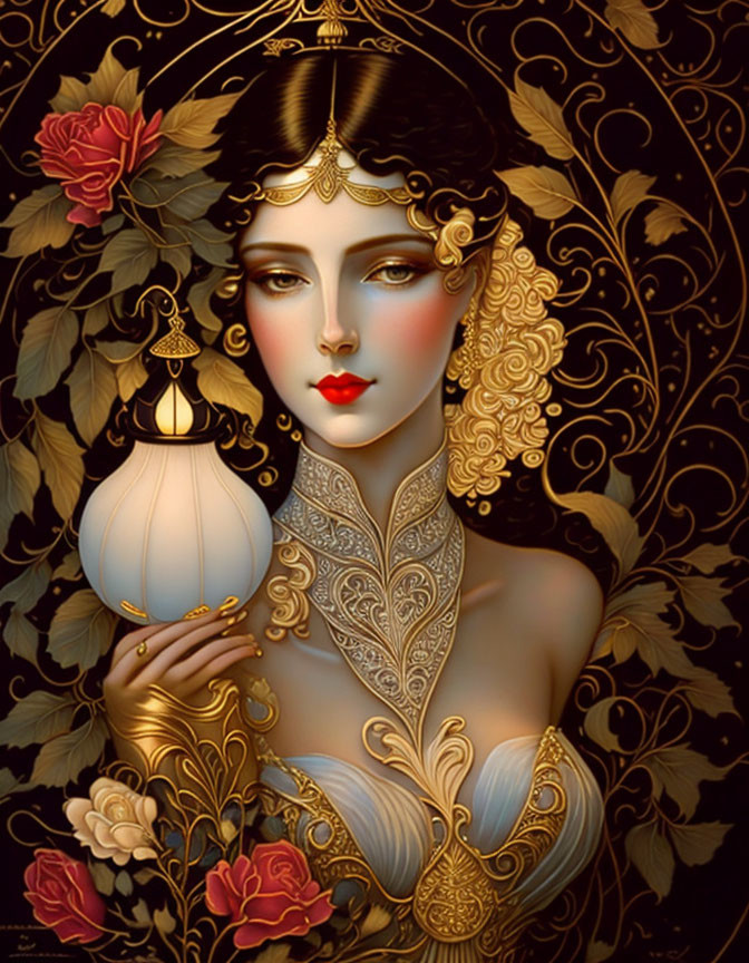 Illustrated portrait of elegant woman with pale skin, dark hair, headpiece, lantern, roses on