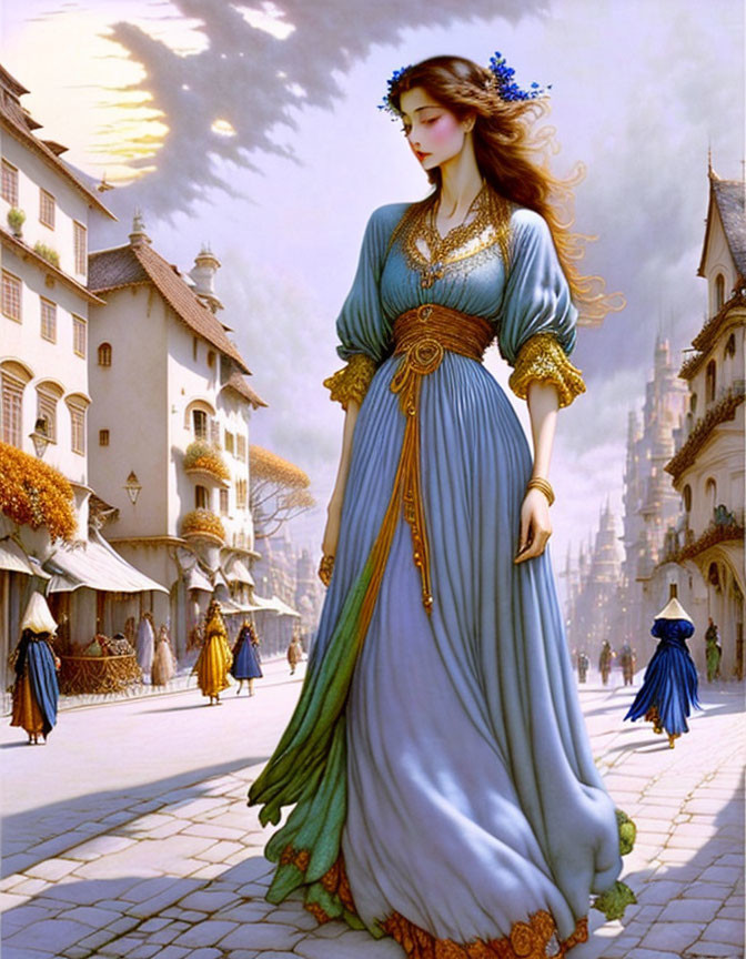 Medieval-themed artwork: Woman in blue dress on historical street.