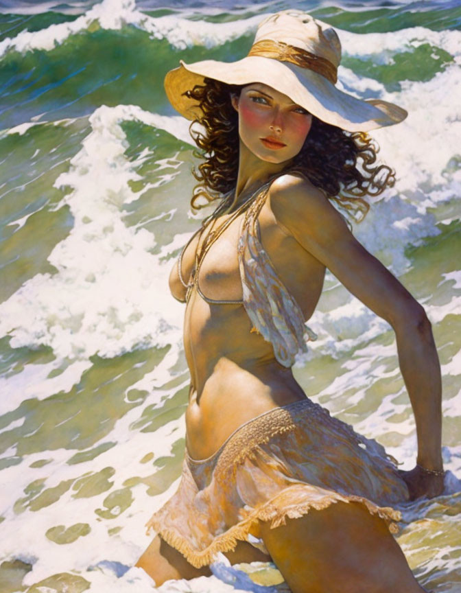 Woman in bikini and wide-brimmed hat at seaside with waves and foam