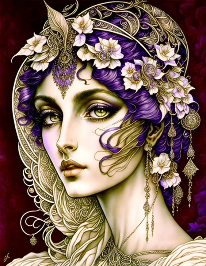 Violet-haired woman with golden floral accessories on deep red backdrop