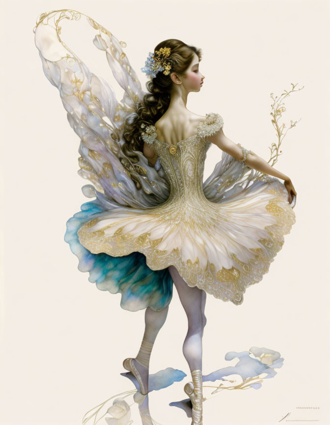 Graceful fairy with ornate wings and elegant dress.