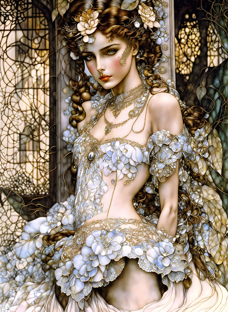 Fantasy female figure with floral adornments and luxurious dress on lattice background