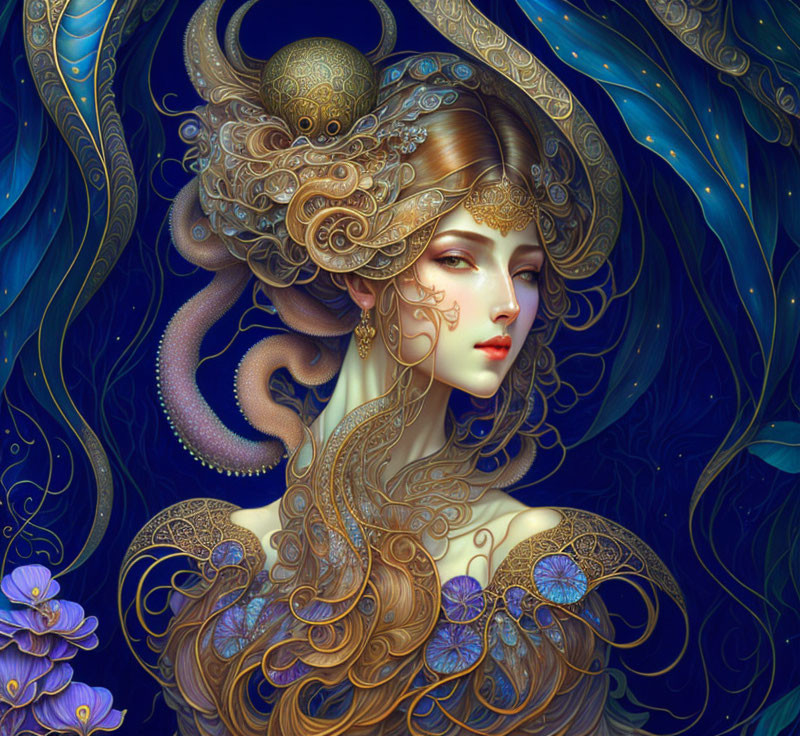 Detailed illustration of woman with ornate golden headgear and jewelry against dark, mystical oceanic backdrop