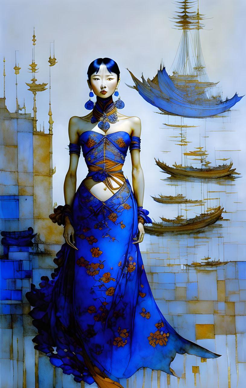 Digital Art: Woman in Blue Traditional Outfit with Floral Patterns and Nautical Background