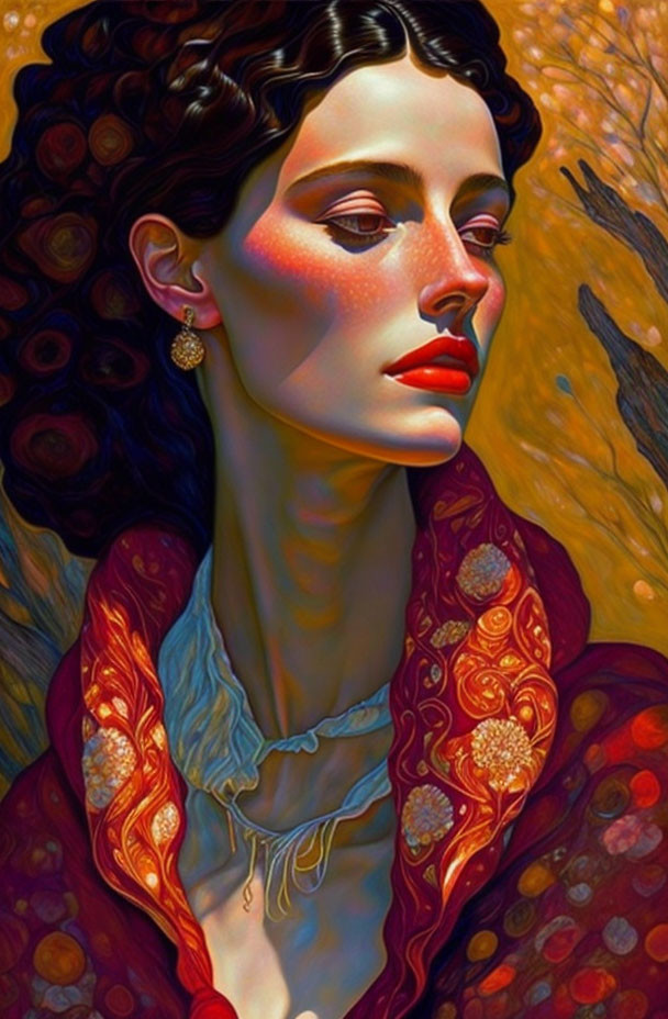 Stylized portrait of woman with wavy hair, red lips, and golden earrings in red sh