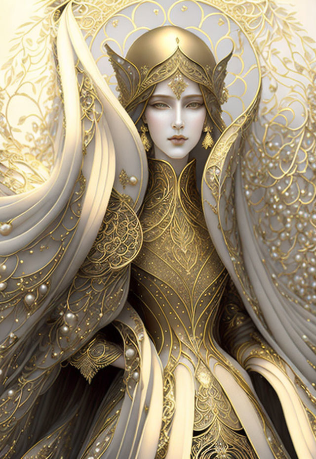 Intricate fantasy illustration of figure in golden armor and regal headdress