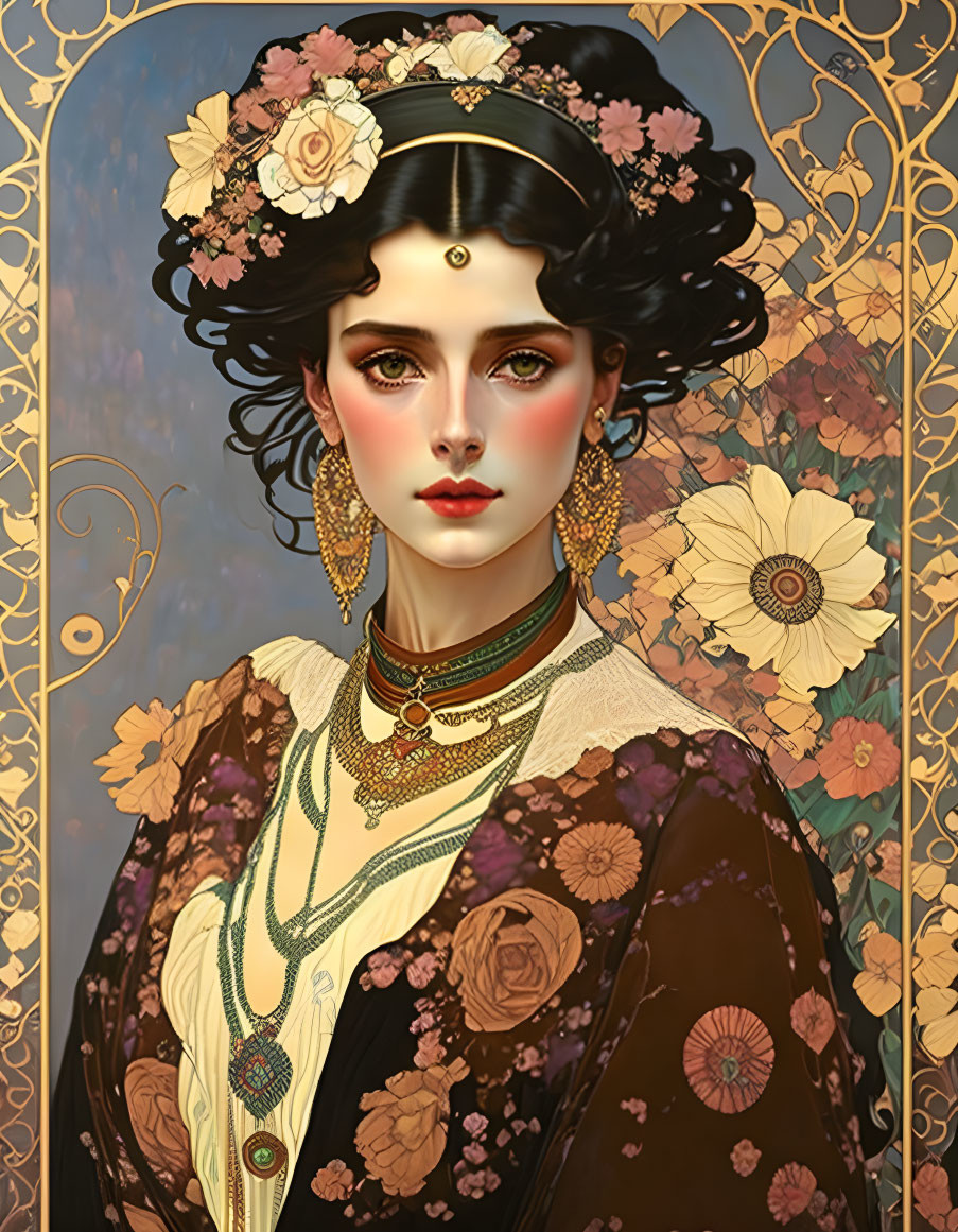 Stylized portrait of a woman with Art Nouveau-inspired golden designs