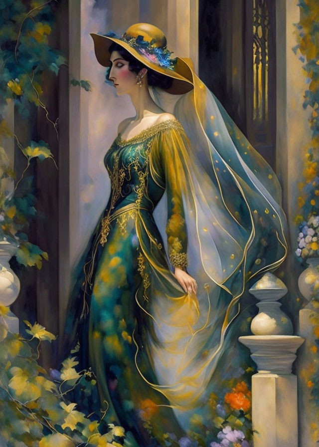 Woman in Green and Gold Dress with Veil and Hat by Marble Columns